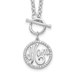 Sterling Silver Rhodium-plated Polished CZ MOM in Circle Toggle Necklace