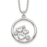 Sterling Silver Polished CZ Hearts in Circle Necklace