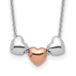 Sterling Silver Rhodium-plated Rose-tone 3-Hearts with Extension Necklace