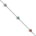 Sterling Silver Rhodium-plated Red, Green and Blue Glass Hearts with Extension Bracelet