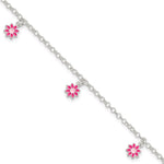 Sterling Silver Polished Pink Enameled Dangle Flowers 6 Inch Bracelet