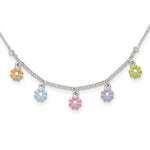 Sterling Silver Polished Multi-color Enameled Dangle Flower 14 Inch Necklace