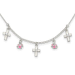 Sterling Silver Polished White & Pink Enameled CZ Cross and Angels Children's Necklace