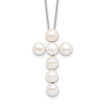 Sterling Silver Rhodium-plated 6- White Button Freshwater Cultured Pearl Cross Necklace