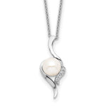 Sterling Silver Rhodium-plated 6- White Semi-Round Freshwater Cultured Pearl and CZ Necklace