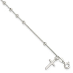 Sterling Silver Polished Beaded Box Chain with Cross Charm Bracelet