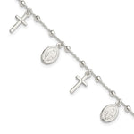Sterling Silver Polished Cross and Miraculous Medal Charms with Extension Bracelet