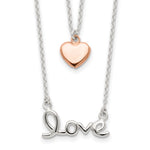 Sterling Silver Rose-tone LOVE and Heart Double Strand Necklace