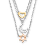 Sterling Silver Rhodium-plated Gold-tone and Rose-plated Heart/Moon/Star of David 3-Strand Necklace