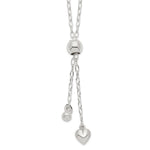 Sterling Silver Polished Long Cable Link with Bead and Puffed Heart Dangle Adjustable Lariat Necklace