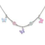 Sterling Silver Polished Multi-color Enameled Floral and Butterfly 14 Inch Necklace