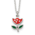 Sterling Silver Polished Red & Green Enameled Flower 14 Inch Necklace