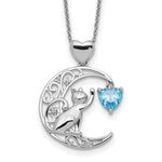 Sterling Silver Polished Blue and Clear CZ Cat and Moon Necklace