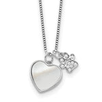 Sterling Silver Rhodium-plated Mother of Pearl and CZ Pawprint in Heart with Extension Necklace