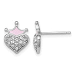 Sterling Silver Madi K Rhodium-plated Polished Pink Enamel Crown & Crystal Heart Post Earrings