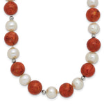 Sterling Silver Rhodium-plated 7- Freshwater Cultured Pearl and Stabilized Red Coral Beads Necklace
