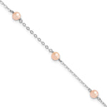 Sterling Silver Rhodium-plated 4- Pink Semi-Round Freshwater Cultured Pearl 3-Station with Extension Bracelet
