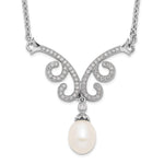 Sterling Silver Rhod-plated 8- White FWC Pearl CZ w/ ext. Necklace