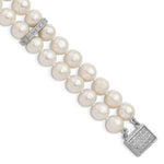 Sterling Silver Rhodium-plated 7- White Near-round Freshwater Cultured Pearl and CZ 2-Strand Bracelet