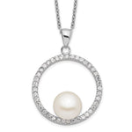Sterling Silver Rhodium-plated 8- White Button Freshwater Cultured Pearl and CZ Necklace