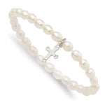 Sterling Silver Cross and Polished FWC Pearl Stretch Bracelet