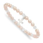 Sterling Silver Cross and Pink Shell Bead & Crystal Stretch Bracelet