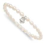 Sterling Silver Heart and Polished FWC Pearl Stretch Bracelet