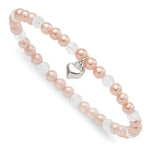 Sterling Silver Heart Pink Shell Bead and Crystal Stretch Bracelet