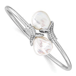 Sterling Silver Rhodium-plated 16- White Keshi Freshwater Cultured Pearl and CZ Flexible Bangle