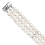 Sterling Silver Rhodium-plated 6- White Near-Round Freshwater Cultured Pearl 3-Strand Bracelet