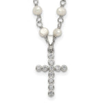 Sterling Silver Rhodium-plated 4- White Near-Round Freshwater Cultured Pearl and CZ Cross Necklace