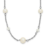 Sterling Silver Rhodium-plated 6- White Near-Round Freshwater Cultured Pearl and Glass 5-Station with Extension Necklace