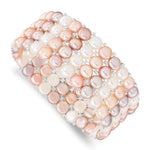6- White/Pink/Purple Button Freshwater Cultured Pearl and Glass Beaded 4-Row Stretch Bracelet