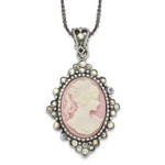 Sterling Silver Antiqued Pink Resin Cameo with Crystal Necklace