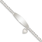 Sterling Silver Polished Engravable Curb Link w/Dangle Heart Charm and Oval 32x Plate ID Bracelet