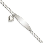 Sterling Silver Polished Engravable Figaro Link w/Dangle Heart Charm and Oval 30x Plate ID Bracelet
