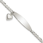 Sterling Silver Polished Engravable Curb Link w/Dangle Heart Charm and Oval 30x Plate ID Bracelet