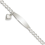 Sterling Silver Polished Engravable Curb Link w/Dangle Heart Charm and Oval 30x Plate ID Bracelet