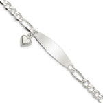 Sterling Silver Polished Engravable Figaro Link w/Dangle Heart Charm and Oval 33x Plate ID Bracelet