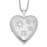 Sterling Silver Rhodium-plated Polished Front/Satin Back Daisies Heart Locket Necklace