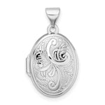 Sterling Silver Rhodium-plated Polished Scroll Design Oval Locket