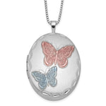 Sterling Silver Rhodium-plated Satin Pink and Blue Enameled Butterfly Oval Locket Necklace