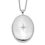 Sterling Silver Rhodium-plated Polished Front/Satin Back Diamond Star Oval Locket Necklace