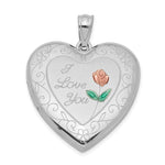 Sterling Silver Rhodium-plated Pink and Green Enameled Rose with Border I LOVE YOU Heart Locket