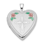 Sterling Silver Rhodium-plated Enameled Flower and Cross Heart Locket