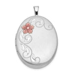 Sterling Silver Rhod-plated Satin Enameled Flower Scroll Oval Locket