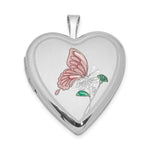 Sterling Silver Rhodium-plated Pink and Green Enameled Butterfly with Flower Heart Locket