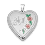 Sterling Silver Rhodium-plated Pink and Green Enameled Floral with MOM Heart Locket
