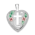 Sterling Silver RH-plated D/C & Enameled Cross & Flowers Heart Locket