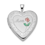 Sterling Silver Rhod-plated D/C & Enameled Mom Rose Heart Locket
